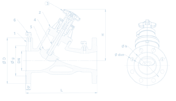 Technical sectional drawing of a flanged valve, dimensioned with face-to-face length L, height H, flange diameter ØD and bore DN