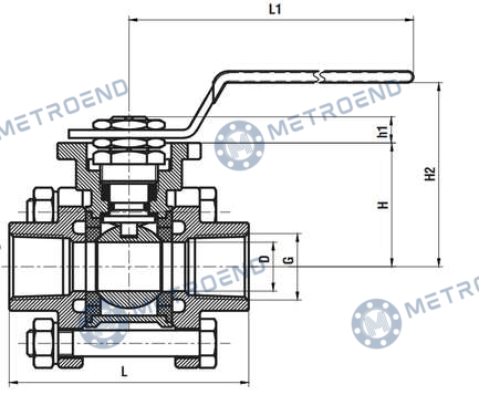 Stainless Steel 3 Piece Threaded Ball Valve — Technical drawing