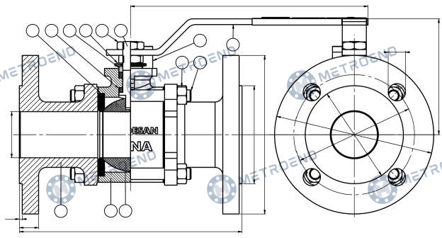 Flanged 3 Piece Ball Valve — Technical drawing